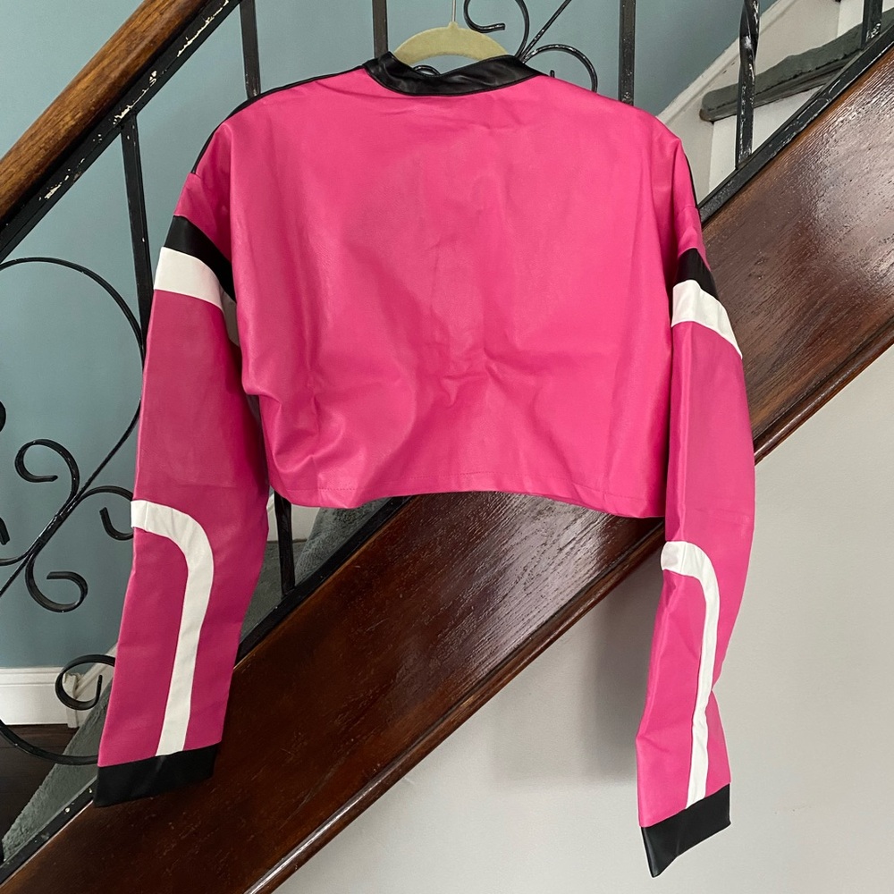 NEW, Women's Pink & Black Cropped Faux Leather Bomber Jacket - Picture 3 of 9